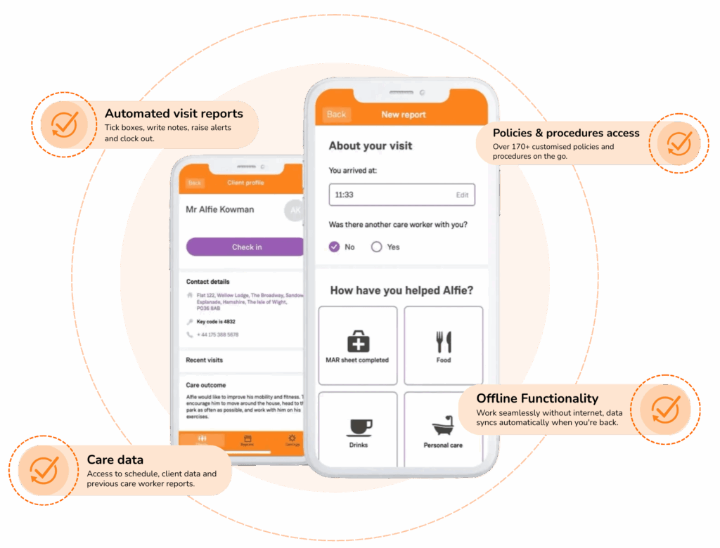 OnCare mobile app showing an automated visit report
