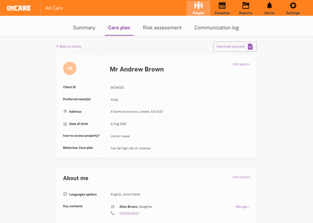 OnCare Care plans screen