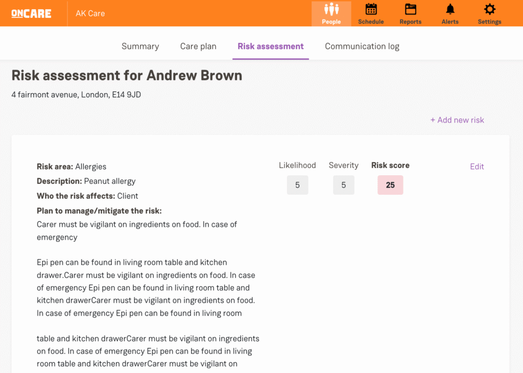 OnCare Risk assessments screen