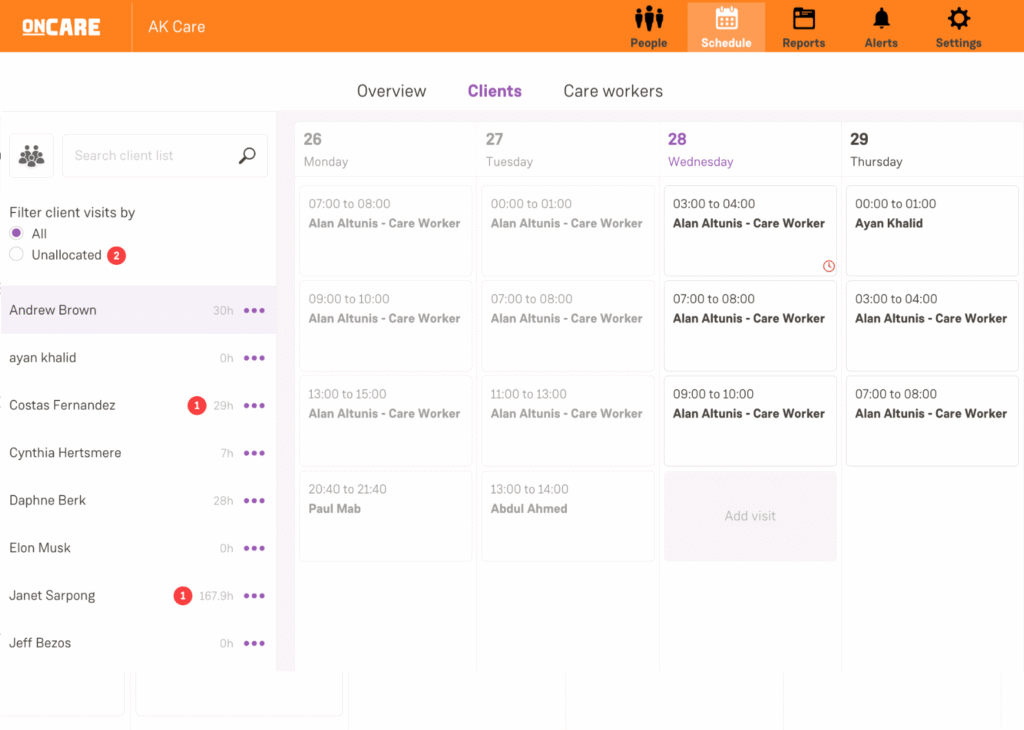 OnCare Rostering system screen