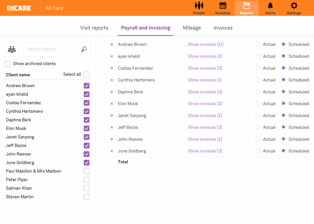 OnCare Policies and procedures screen
