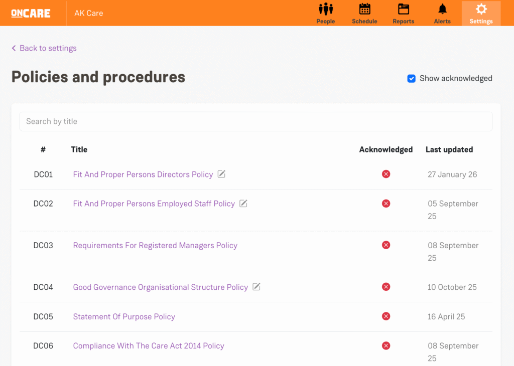 OnCare Payroll and invoices screen