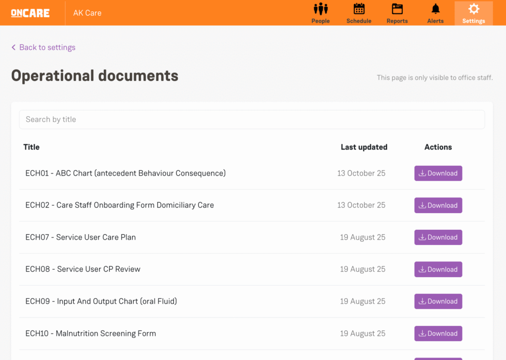 OnCare Operational documents screen